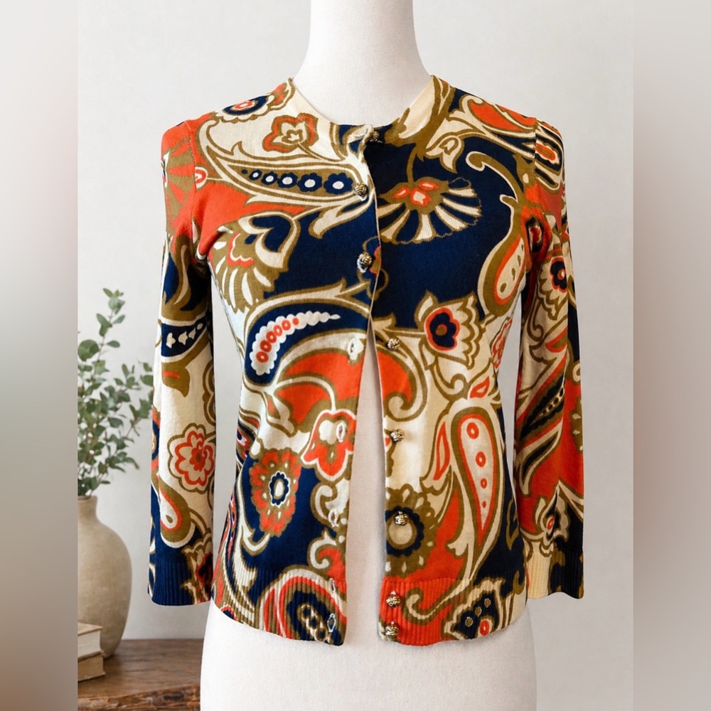 J.Crew Wool Paisley Cardigan XS Colorful Print Sweater Preppy Boho Fall Spring